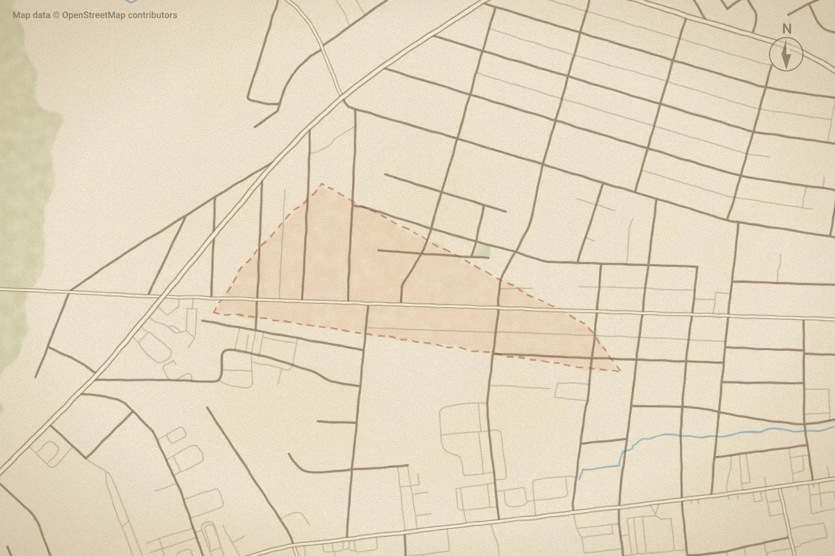 Watercolor map of West End Land in Elizabeth City, NC, showing its streets, water and surroundings