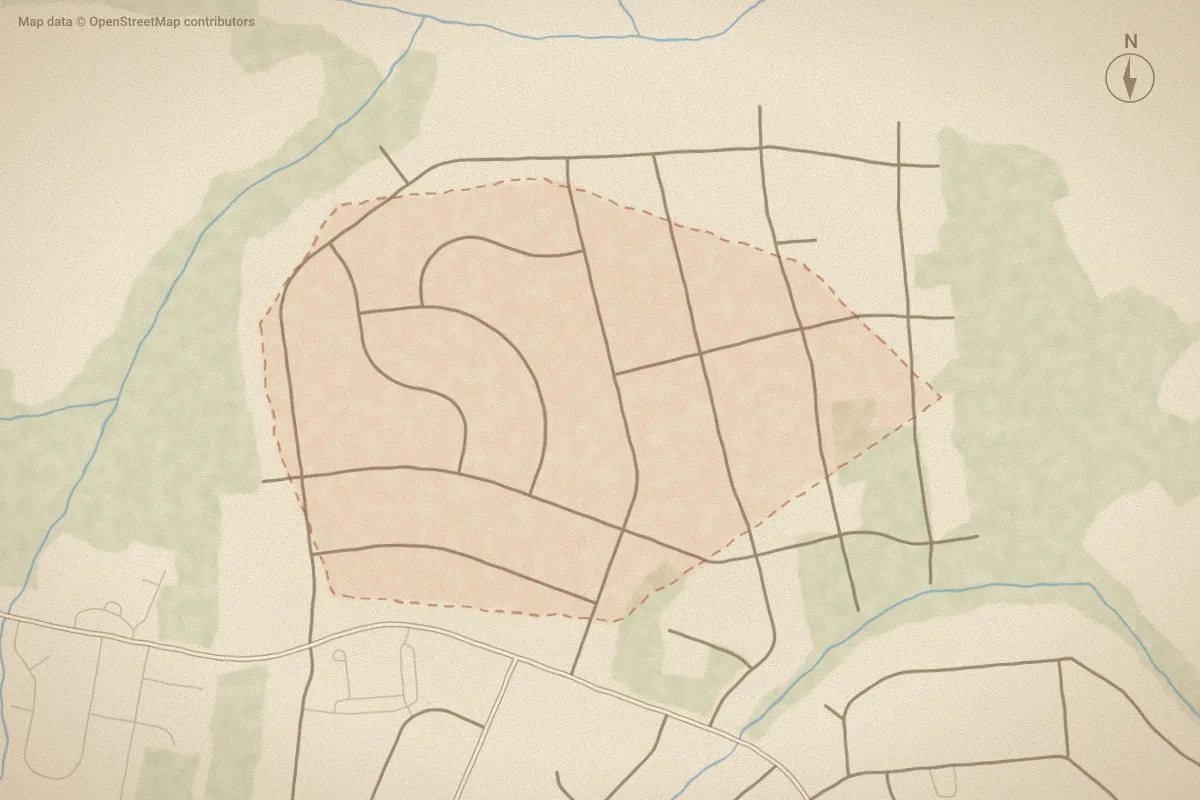 Watercolor map of West Haven in Kinston, NC, showing its streets, water and surroundings