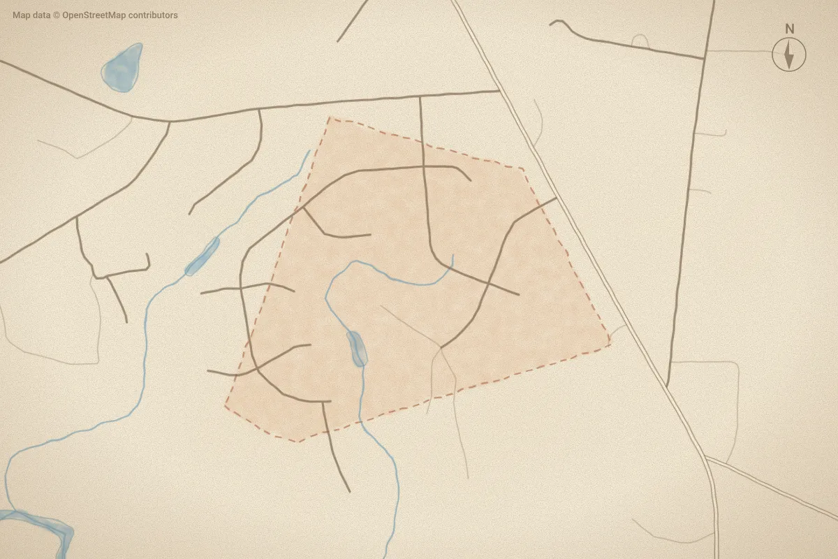 Watercolor map of Western Wayne Estates in Pikeville, NC, showing its streets, water and surroundings