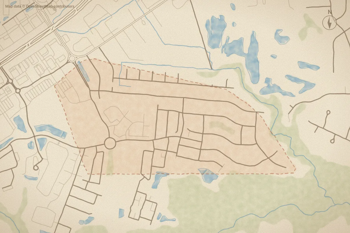 Watercolor map of Westgate in Leland, NC, showing its streets, water and surroundings