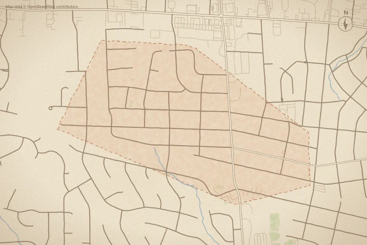 Watercolor map of Westridge in Rocky Mount, NC, showing its streets, water and surroundings