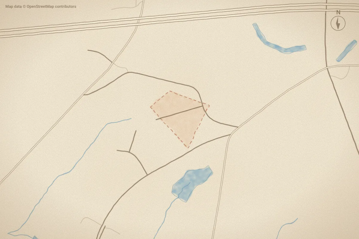 Watercolor map of Wheatfield in Spring Hope, NC, showing its streets, water and surroundings