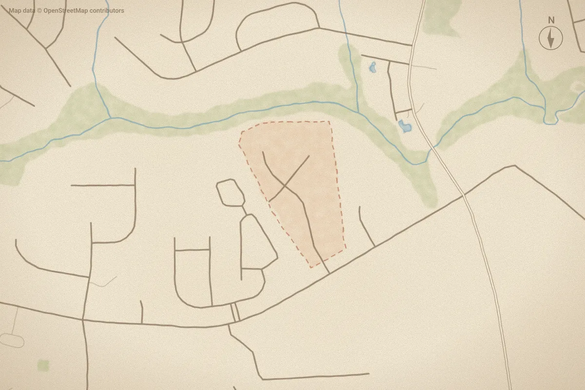 Watercolor map of Whispering Pines in Hubert, NC, showing its streets, water and surroundings