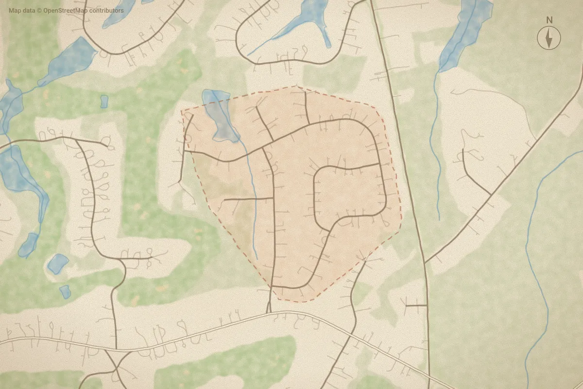 Watercolor map of Whispering Winds in Whispering Pines, NC, showing its streets, water and surroundings