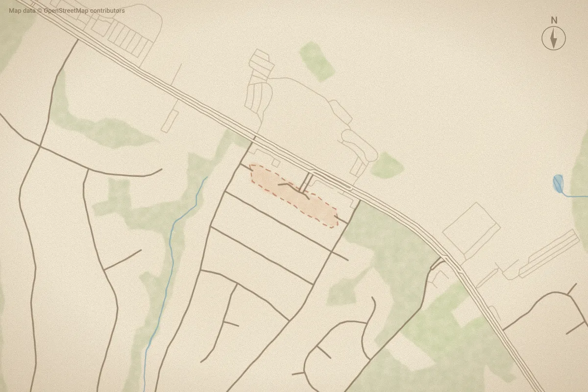 Watercolor map of White Oak Duplexes in Jacksonville, NC, showing its streets, water and surroundings