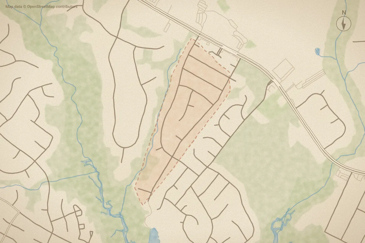 Watercolor map of White Oak Estates in Jacksonville, NC, showing its streets, water and surroundings