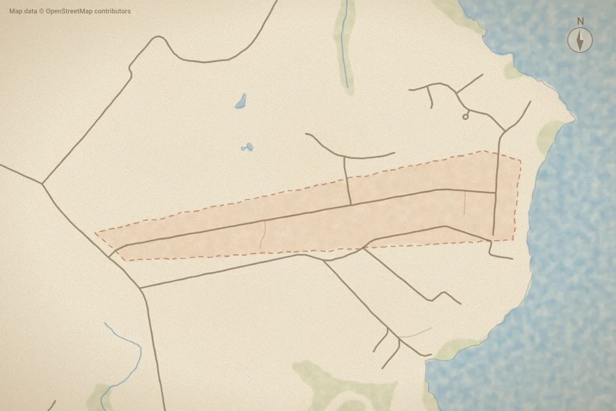 Watercolor map of White Oak Landing in Stella, NC, showing its streets, water and surroundings