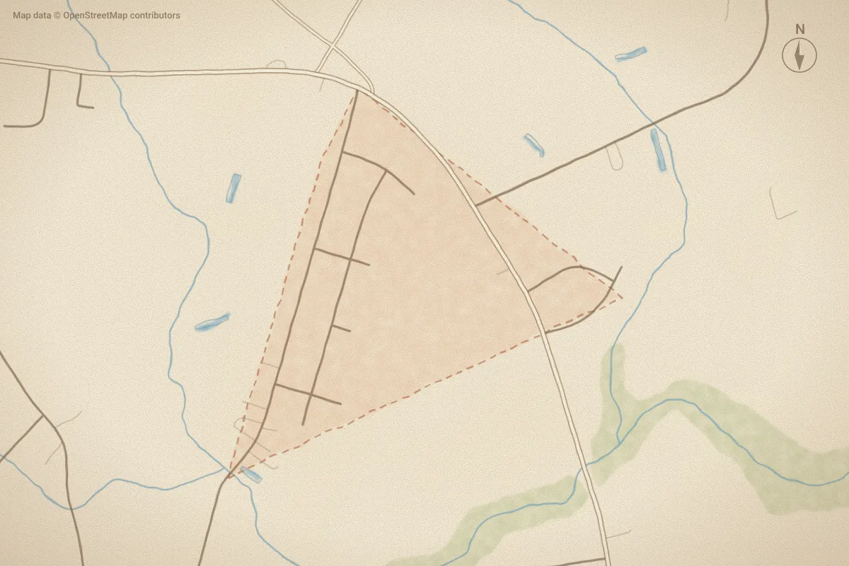 Watercolor map of White Oak in Wilson, NC, showing its streets, water and surroundings