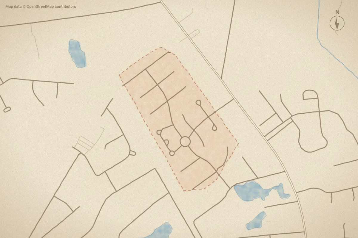 Watercolor map of White Sands in Newport, NC, showing its streets, water and surroundings