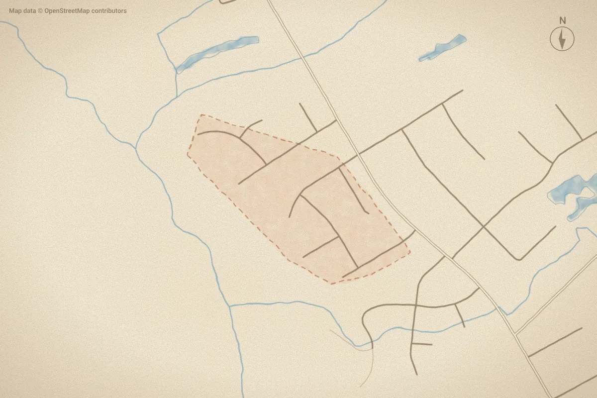 Watercolor map of Whitfield Acres in Kinston, NC, showing its streets, water and surroundings