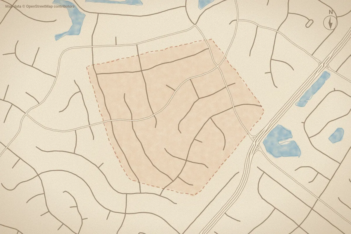 Watercolor map of Whitney Pines in Wilmington, NC, showing its streets, water and surroundings