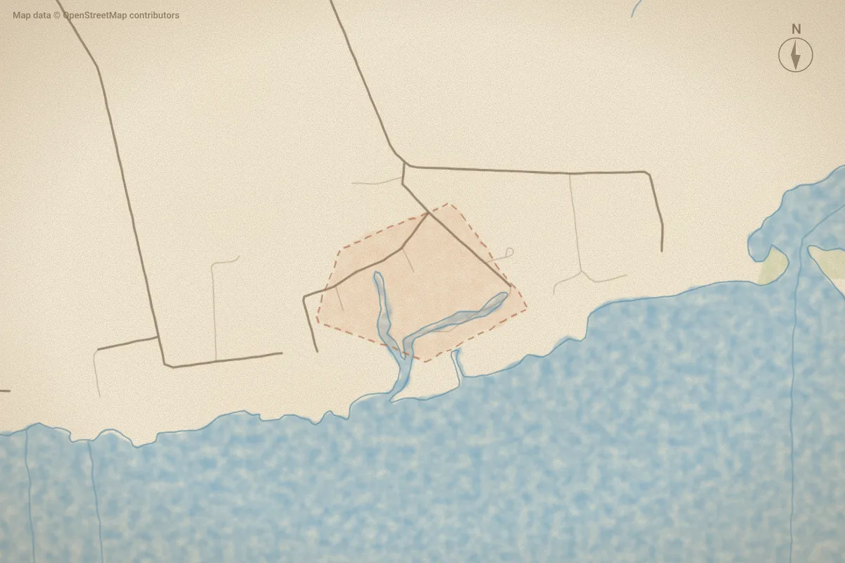 Watercolor map of Wide Waters in Bath, NC, showing its streets, water and surroundings