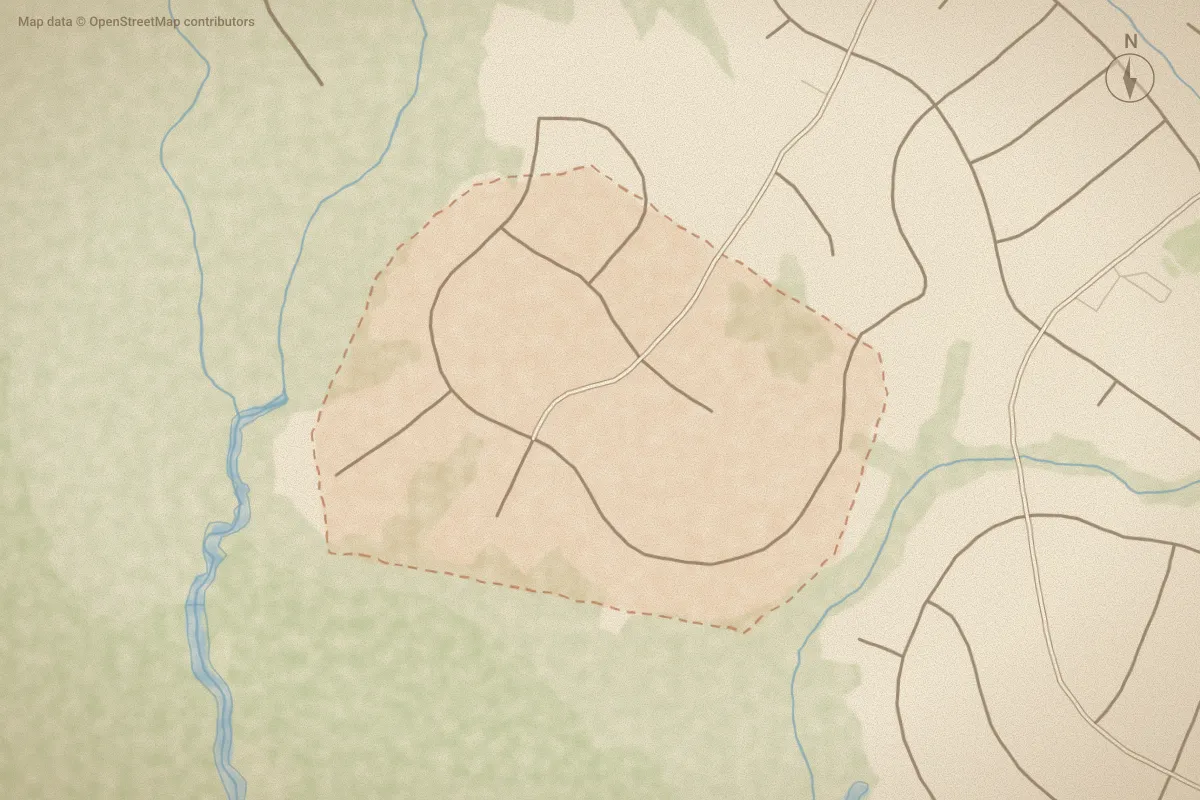 Watercolor map of Williams Farm in Jacksonville, NC, showing its streets, water and surroundings