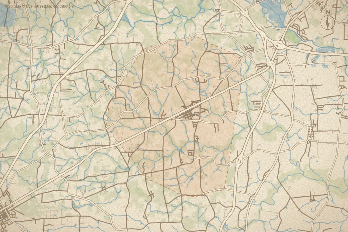Watercolor map of Wilson County in Lucama, NC, showing its streets, water and surroundings