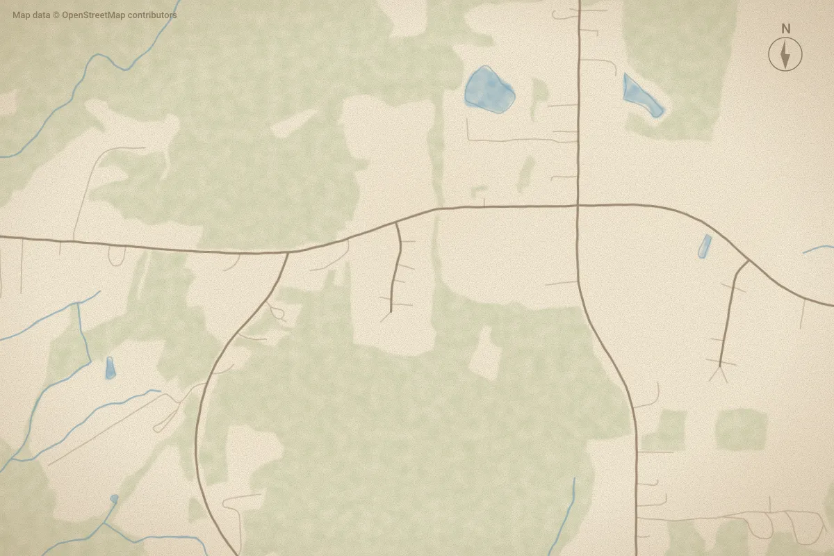 Watercolor map of Wilson County in Middlesex, NC, showing its streets, water and surroundings