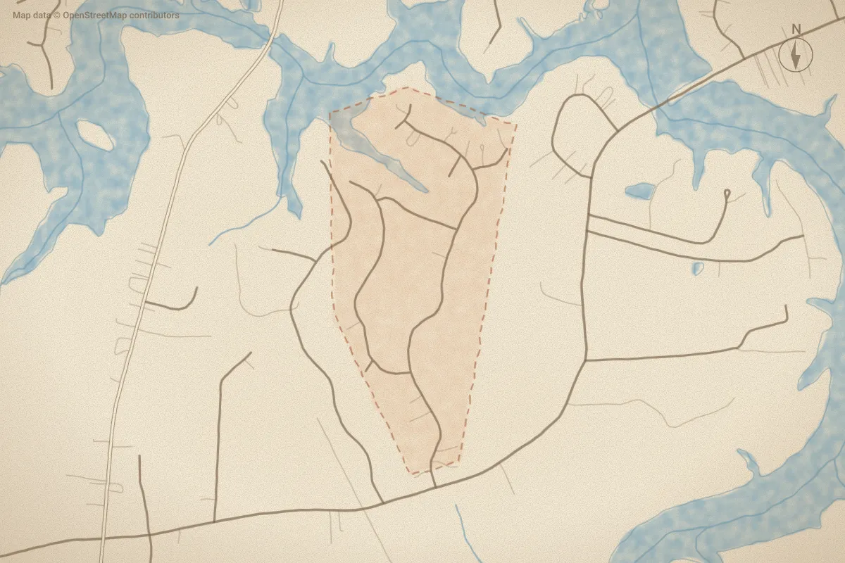 Watercolor map of Windchase in Rocky Mount, NC, showing its streets, water and surroundings