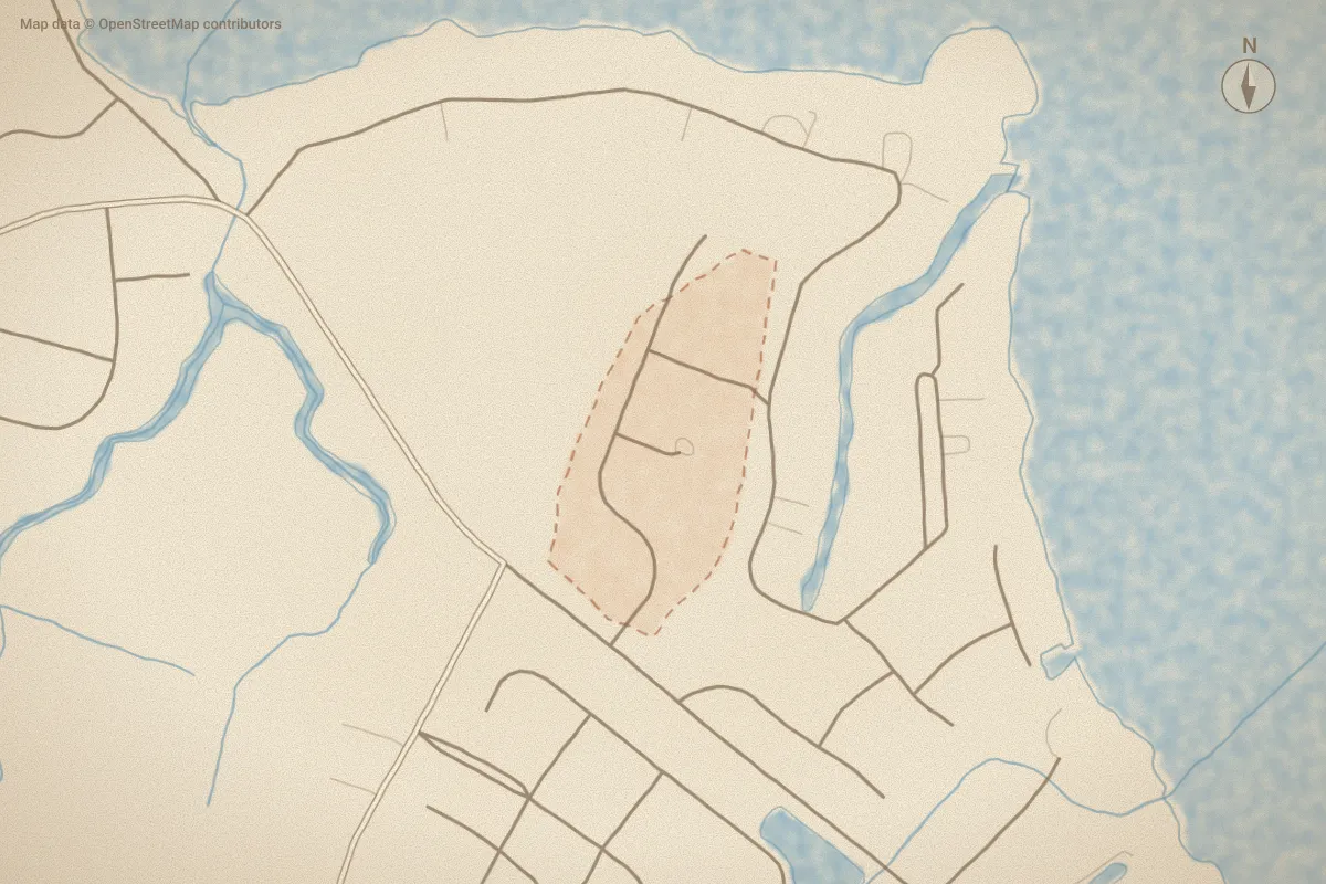 Watercolor map of Windfield in Elizabeth City, NC, showing its streets, water and surroundings