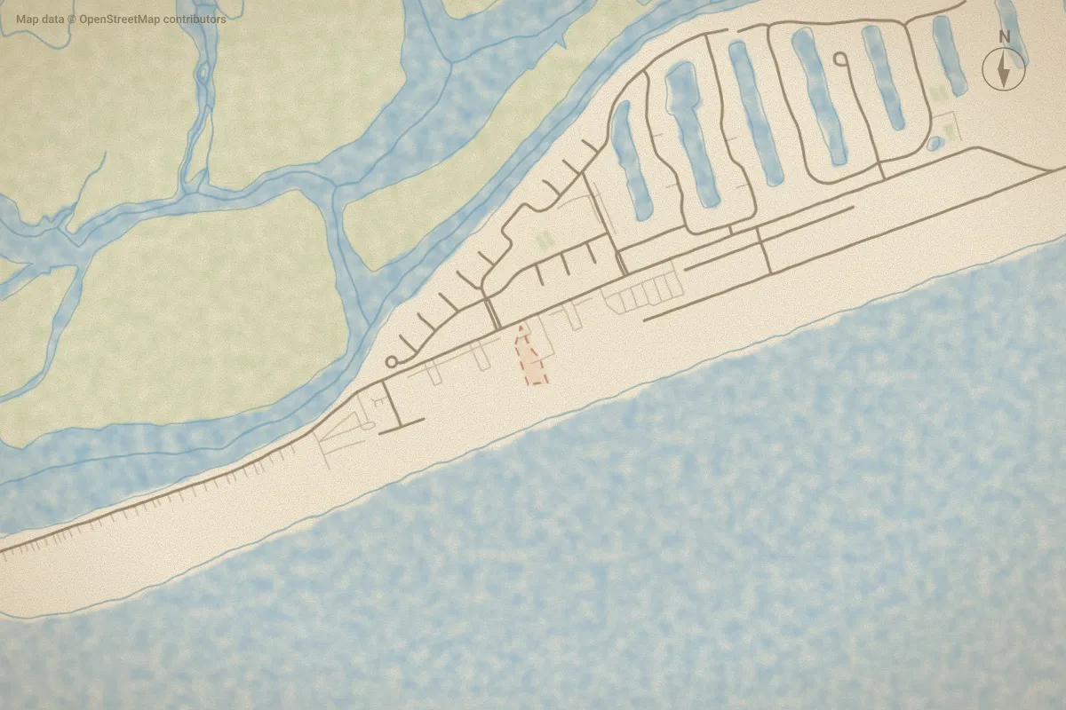 Watercolor map of Windjammer OIB in Ocean Isle Beach, NC, showing its streets, water and surroundings