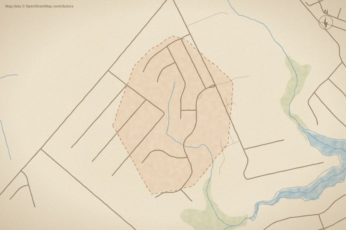 Watercolor map of Windpointe in Sneads Ferry, NC, showing its streets, water and surroundings