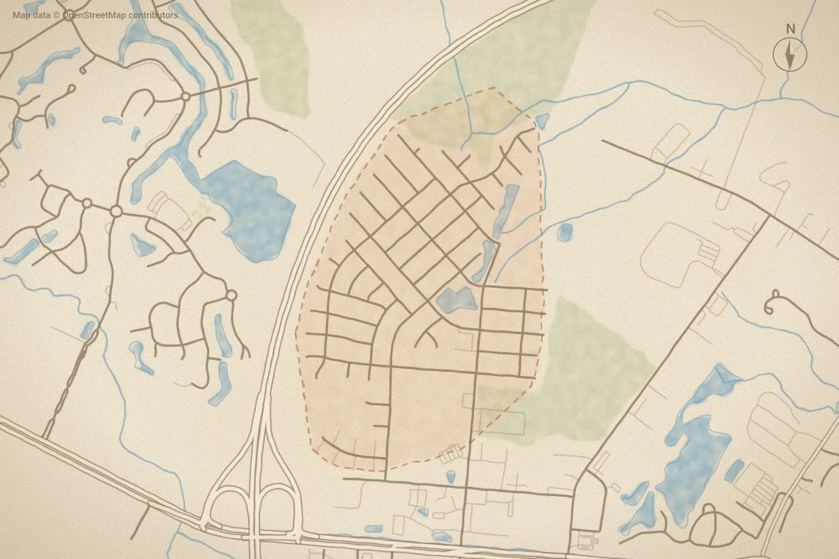 Watercolor map of Windsor Park in Leland, NC, showing its streets, water and surroundings