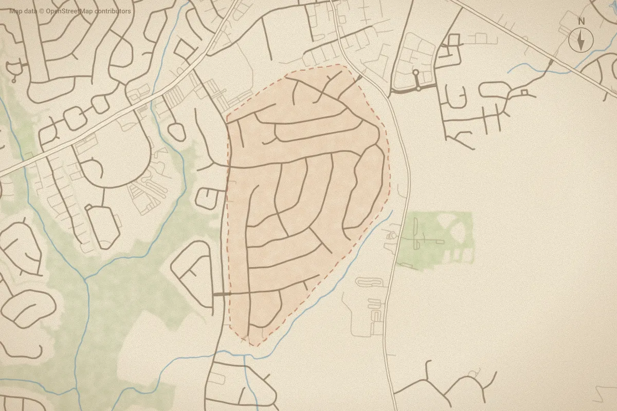 Watercolor map of Windsor in Winterville, NC, showing its streets, water and surroundings