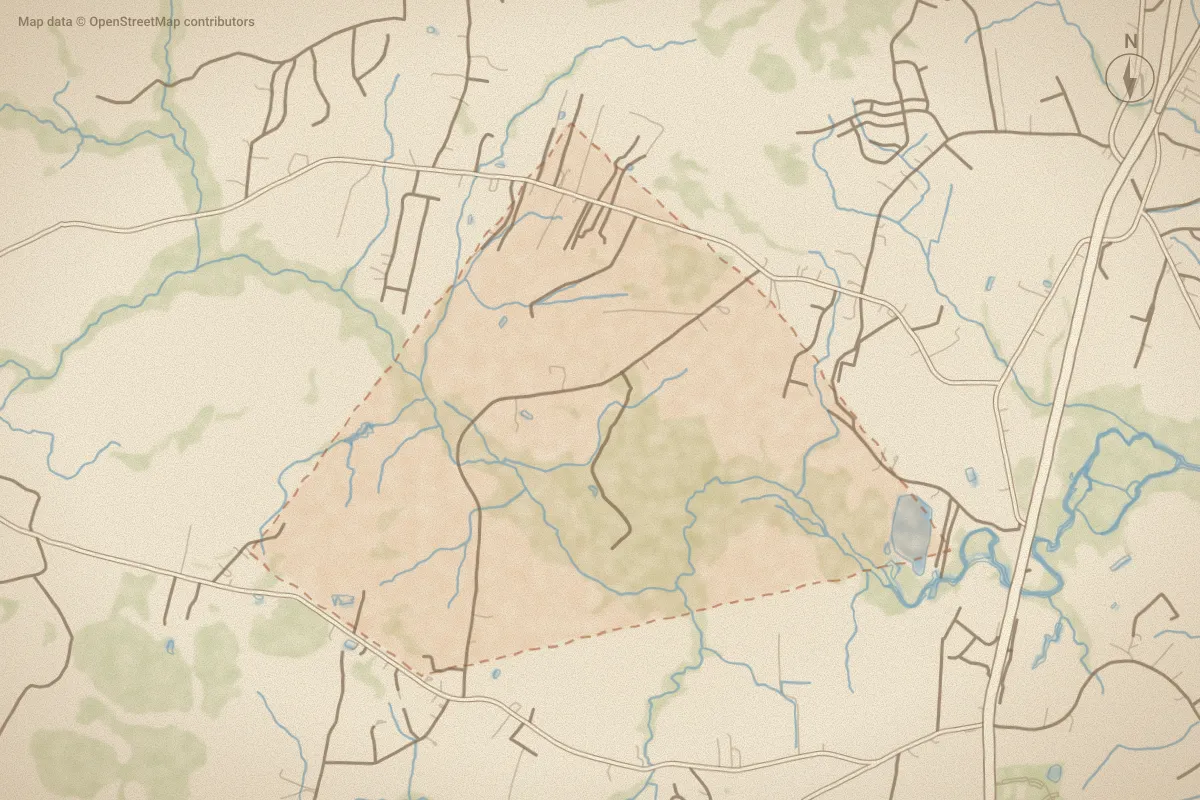 Watercolor map of Winnabow in Leland, NC, showing its streets, water and surroundings