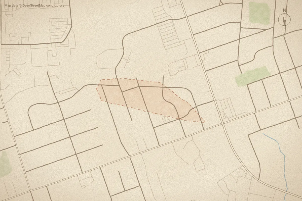 Watercolor map of Winoca Gardens in Wilson, NC, showing its streets, water and surroundings