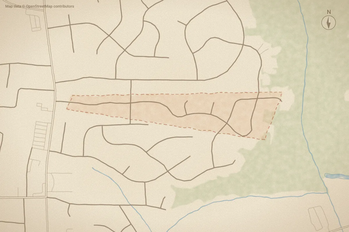Watercolor map of Winterfield in Winterville, NC, showing its streets, water and surroundings