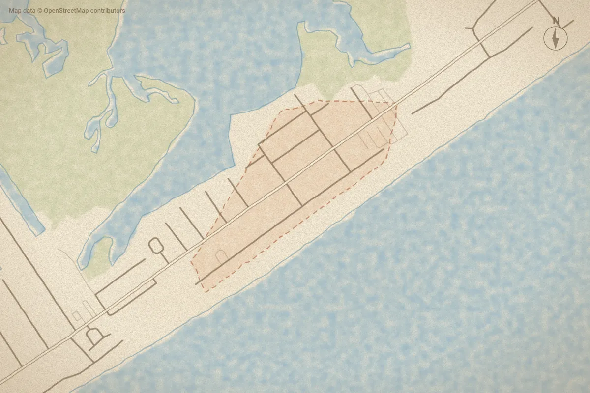 Watercolor map of Winterhaven in North Topsail Beach, NC, showing its streets, water and surroundings