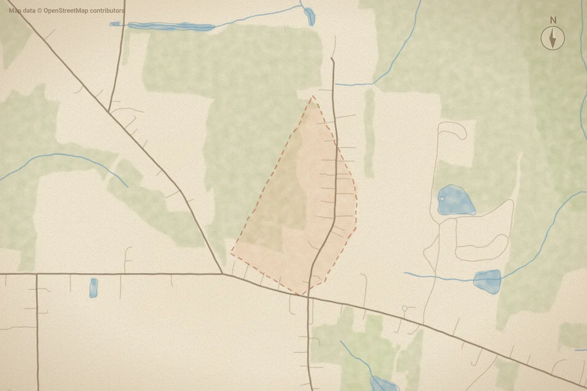 Watercolor map of Wolverstone in Sims, NC, showing its streets, water and surroundings