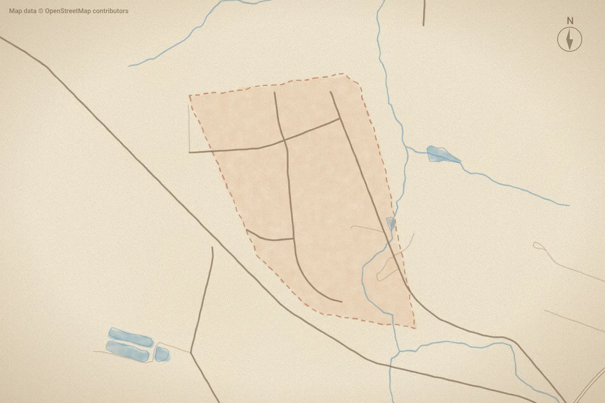 Watercolor map of Wooden Shoe in Castle Hayne, NC, showing its streets, water and surroundings