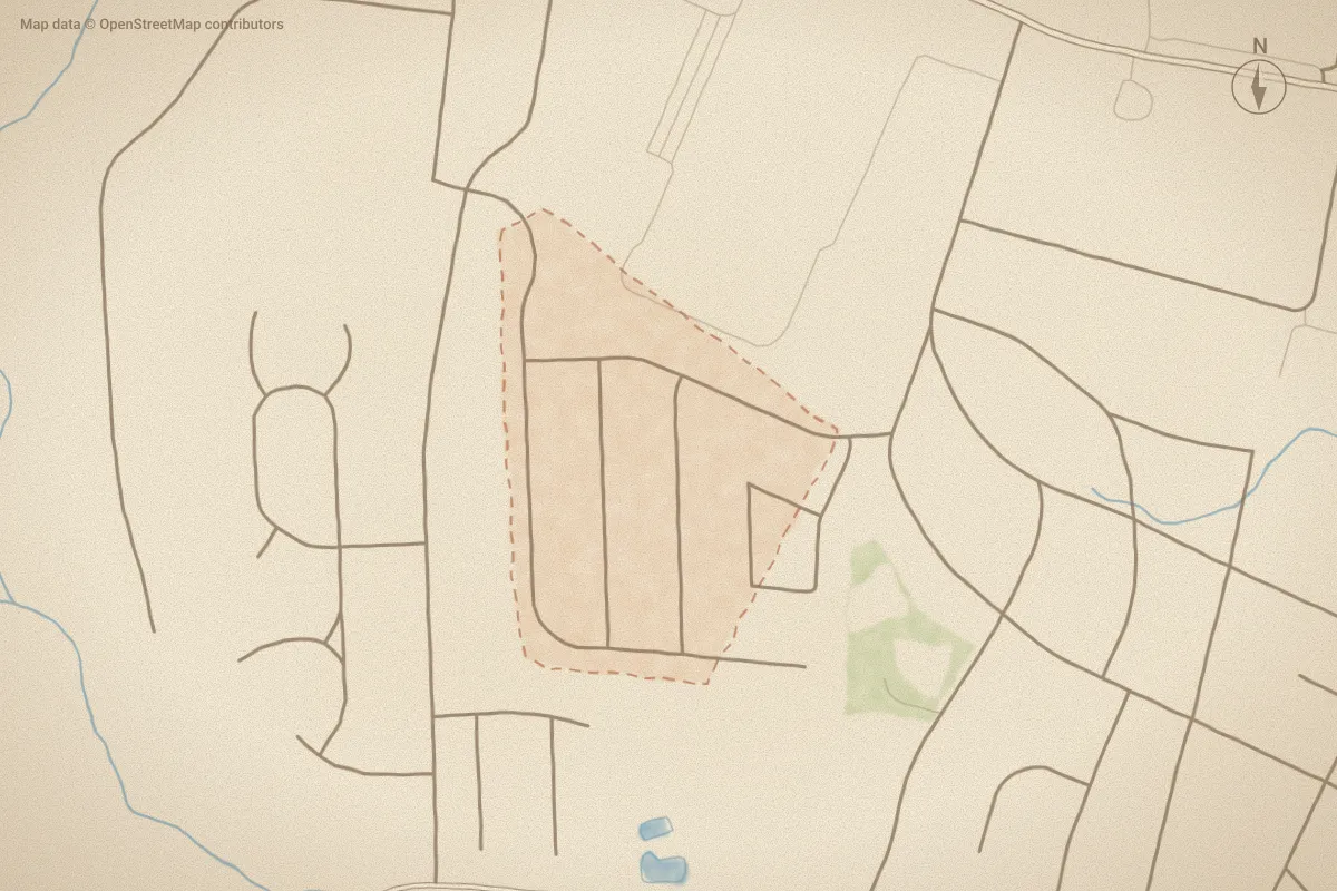 Watercolor map of Woodgreen in Aberdeen, NC, showing its streets, water and surroundings