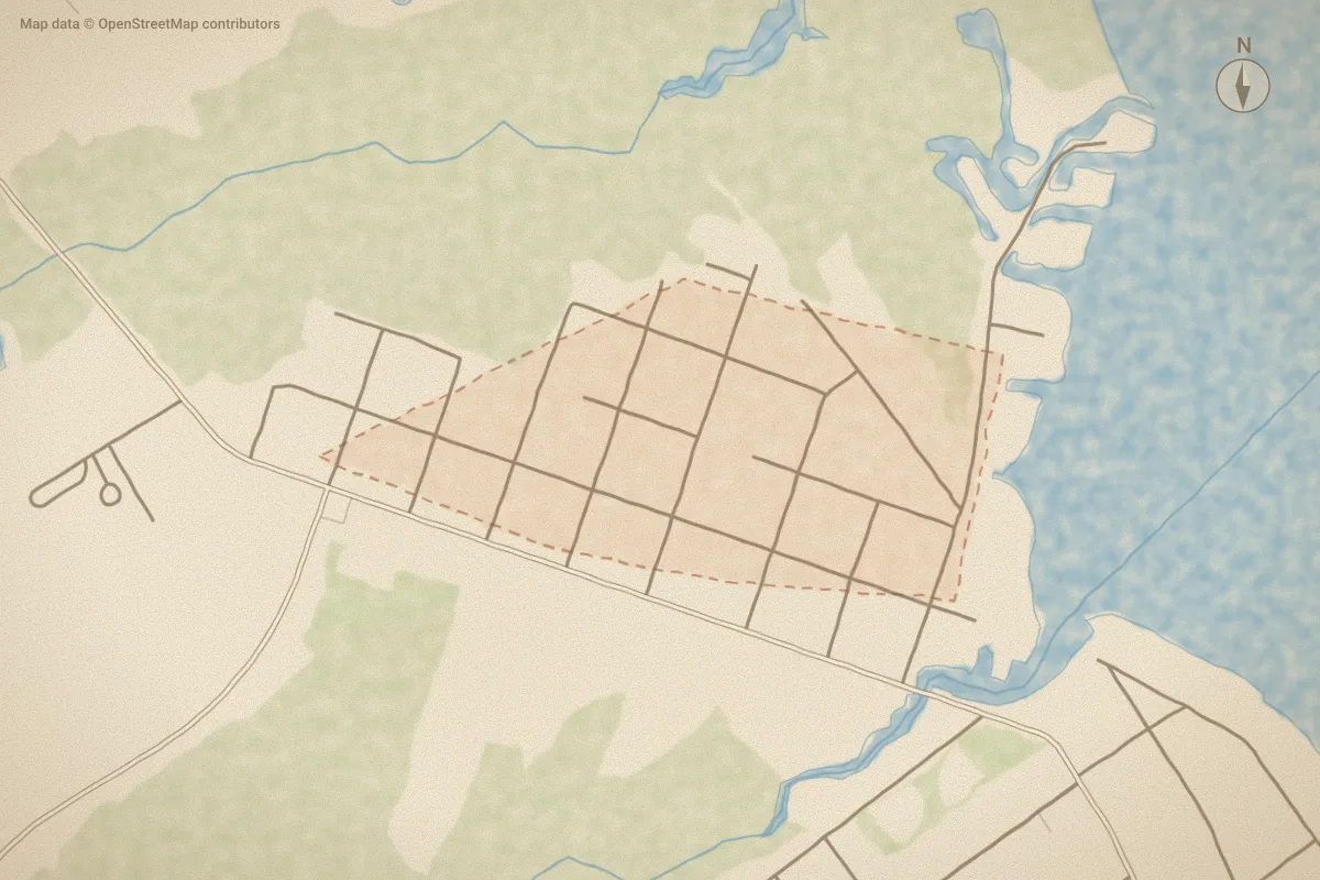 Watercolor map of Woodrow in New Bern, NC, showing its streets, water and surroundings