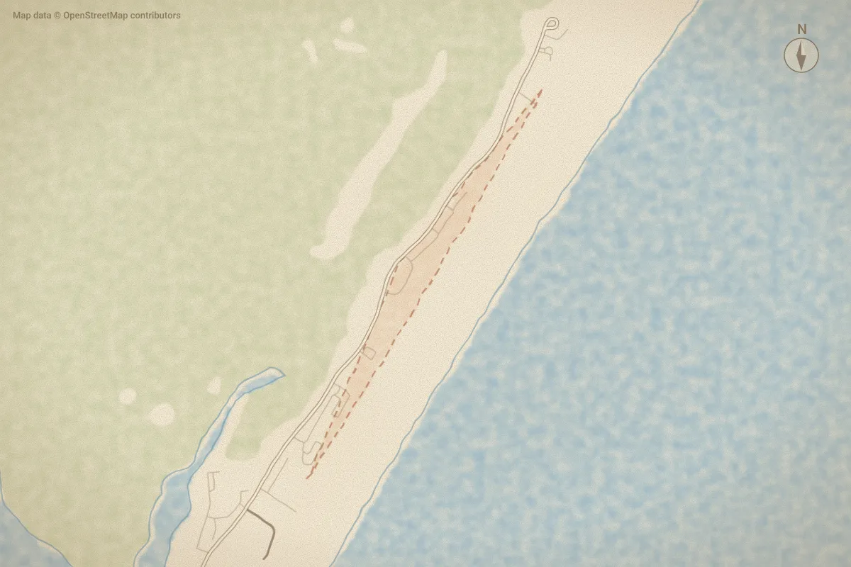 Watercolor map of Wrightsville Dunes in Wrightsville Beach, NC, showing its streets, water and surroundings