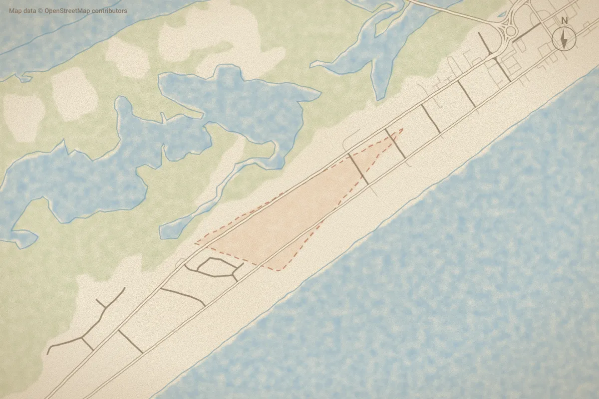 Watercolor map of Yow Poisson in Surf City, NC, showing its streets, water and surroundings